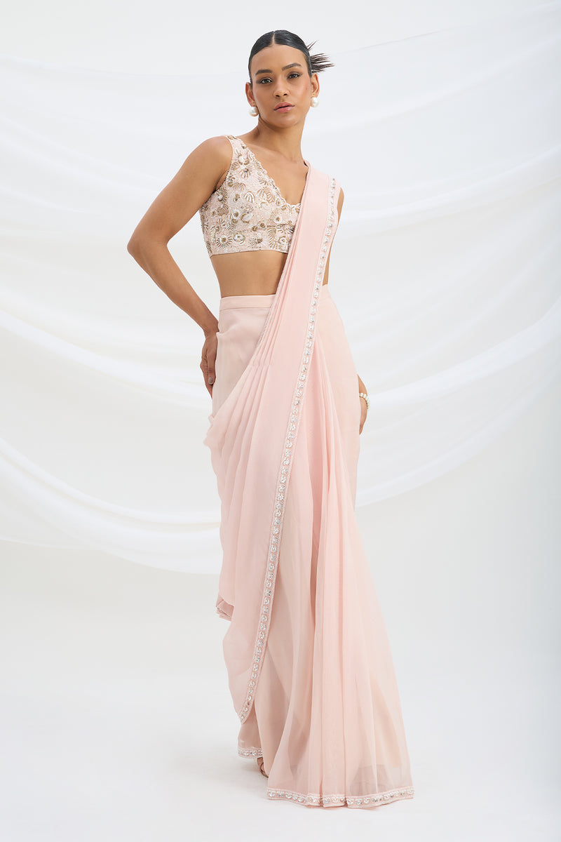 LIGHT PINK DRAPE SAREE SET WITH EMBROIDERED BLOUSE