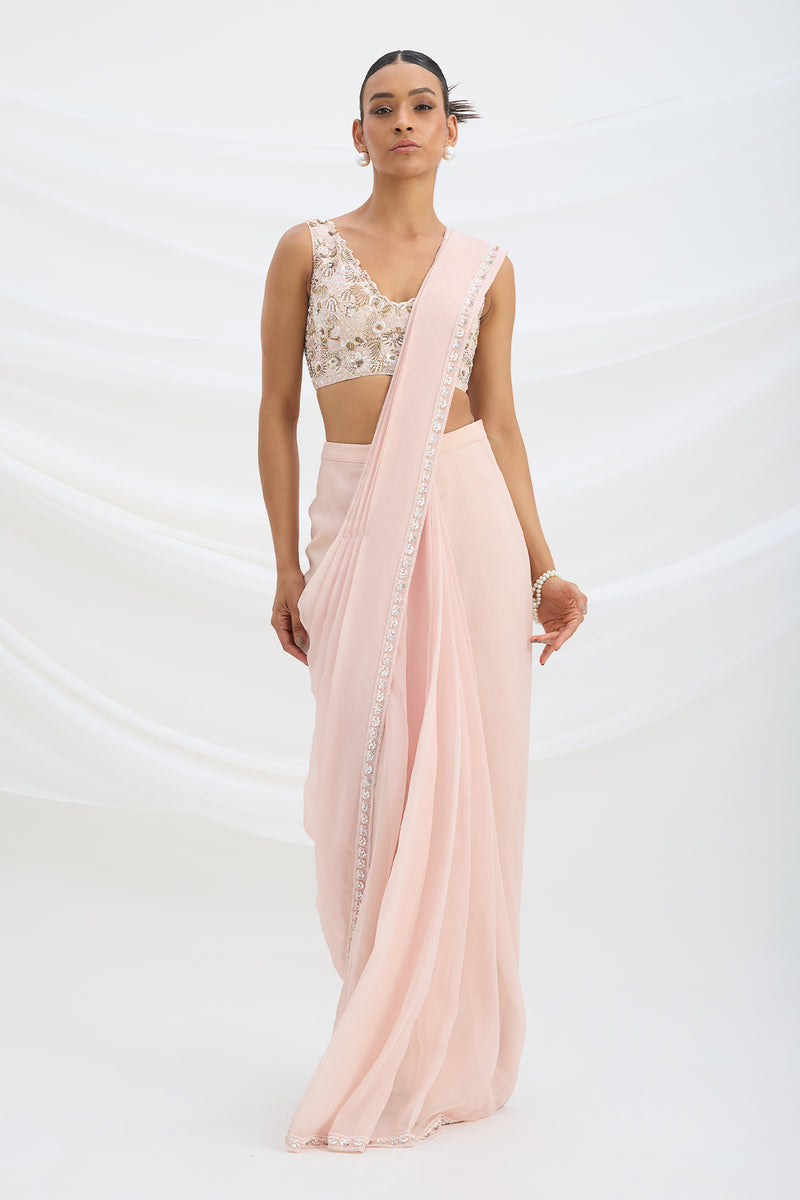 LIGHT PINK DRAPE SAREE SET WITH EMBROIDERED BLOUSE