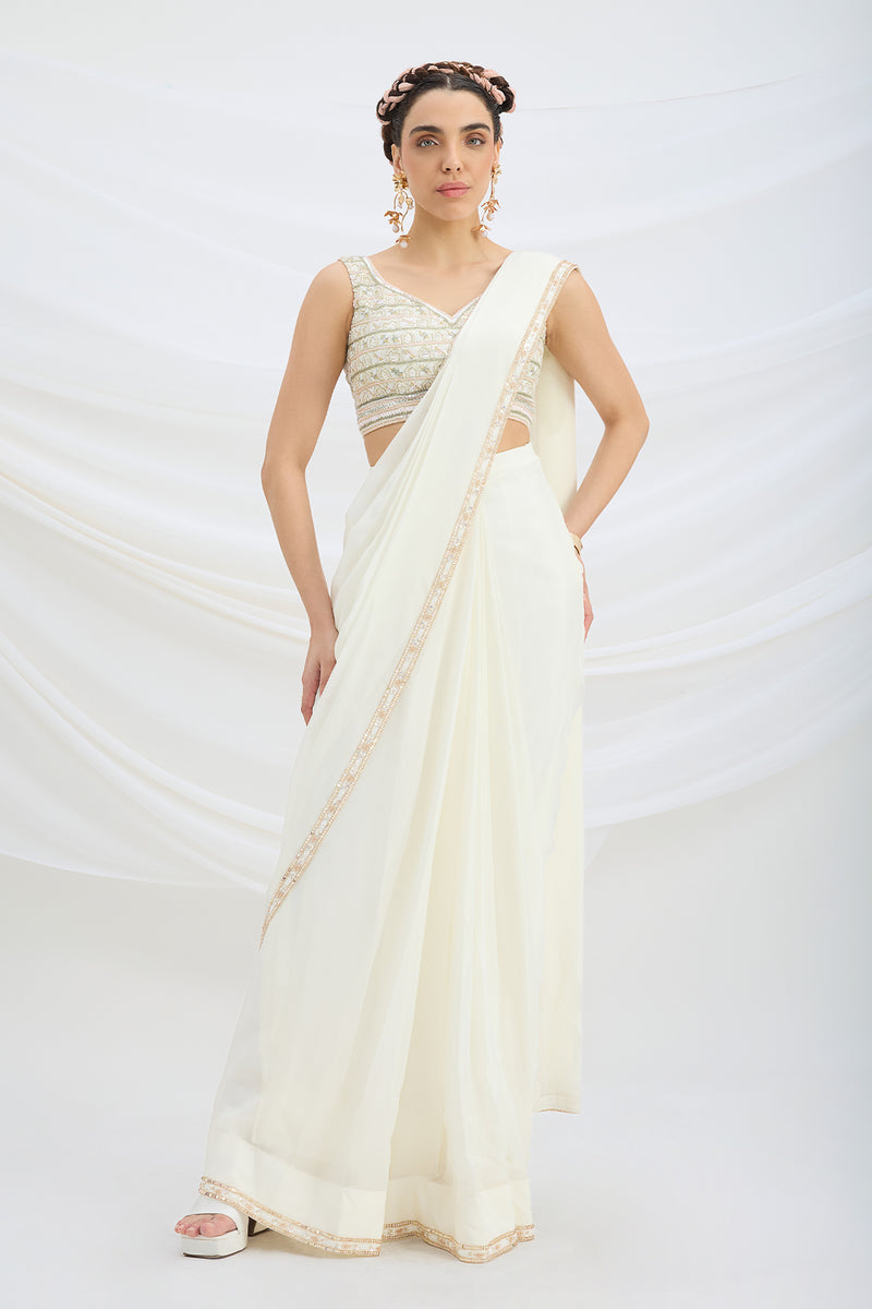 OFF WHITE DRAPE SET SAREE WITH EMBROIDERED BLOUSE