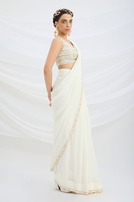 OFF WHITE DRAPE SET SAREE WITH EMBROIDERED BLOUSE