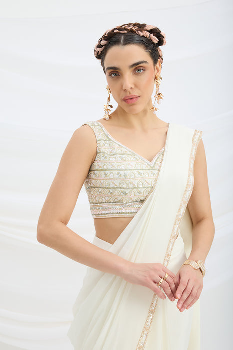 OFF WHITE DRAPE SET SAREE WITH EMBROIDERED BLOUSE
