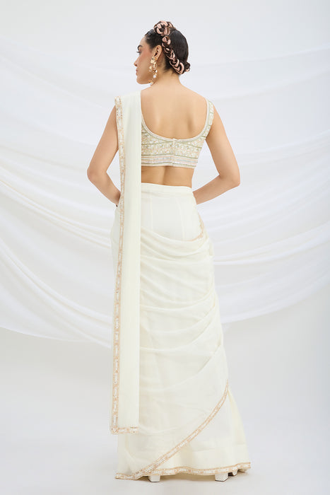 OFF WHITE DRAPE SET SAREE WITH EMBROIDERED BLOUSE