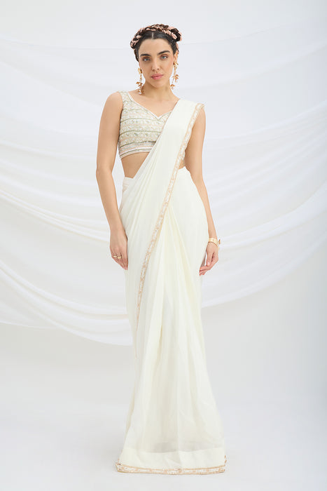 OFF WHITE DRAPE SET SAREE WITH EMBROIDERED BLOUSE