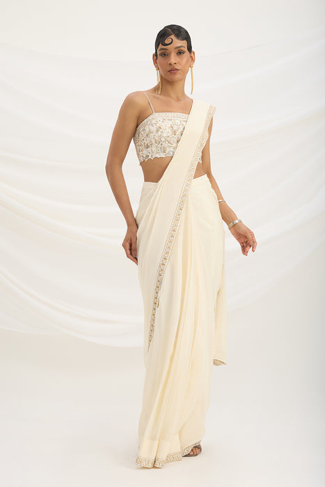 BEIGE DRAPE SET SAREE WITH EMBROIDERED BLOUSE