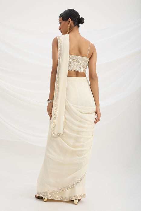 BEIGE DRAPE SET SAREE WITH EMBROIDERED BLOUSE