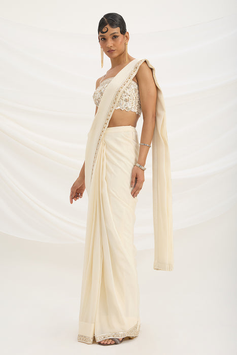 BEIGE DRAPE SET SAREE WITH EMBROIDERED BLOUSE