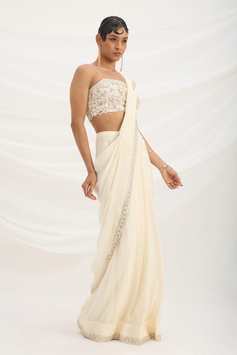 BEIGE DRAPE SET SAREE WITH EMBROIDERED BLOUSE