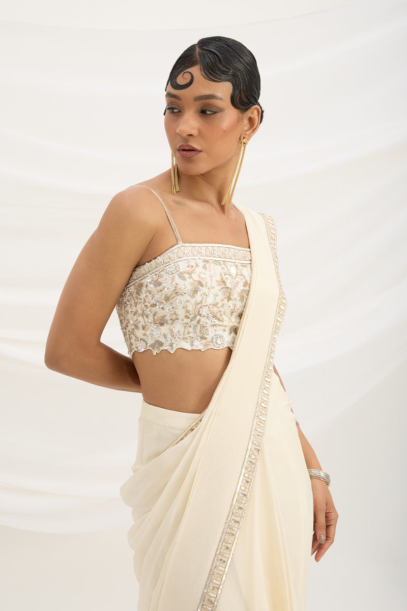 BEIGE DRAPE SET SAREE WITH EMBROIDERED BLOUSE