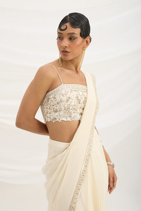 BEIGE DRAPE SET SAREE WITH EMBROIDERED BLOUSE