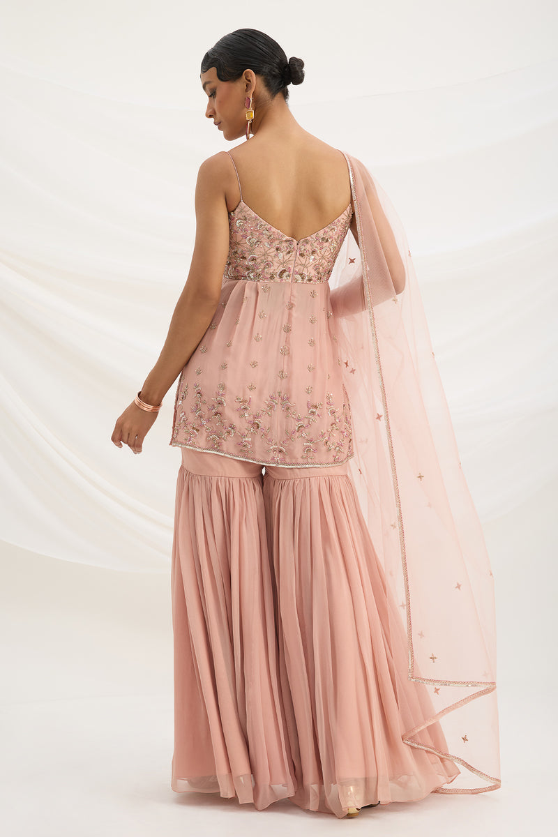 PEACH PINK SHARARA WITH EMBROIDERED TOP AND DUPATTA