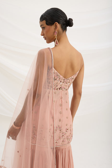 PEACH PINK SHARARA WITH EMBROIDERED TOP AND DUPATTA