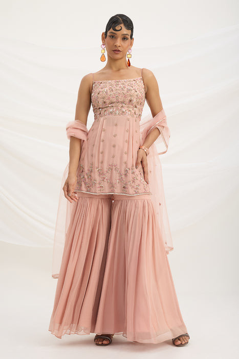 PEACH PINK SHARARA WITH EMBROIDERED TOP AND DUPATTA