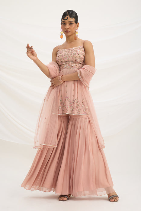 PEACH PINK SHARARA WITH EMBROIDERED TOP AND DUPATTA