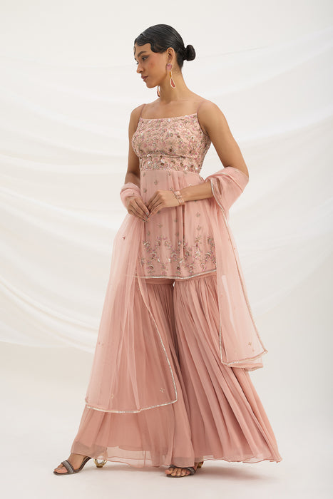 PEACH PINK SHARARA WITH EMBROIDERED TOP AND DUPATTA