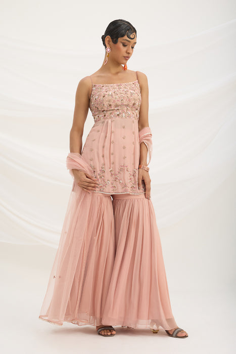 PEACH PINK SHARARA WITH EMBROIDERED TOP AND DUPATTA