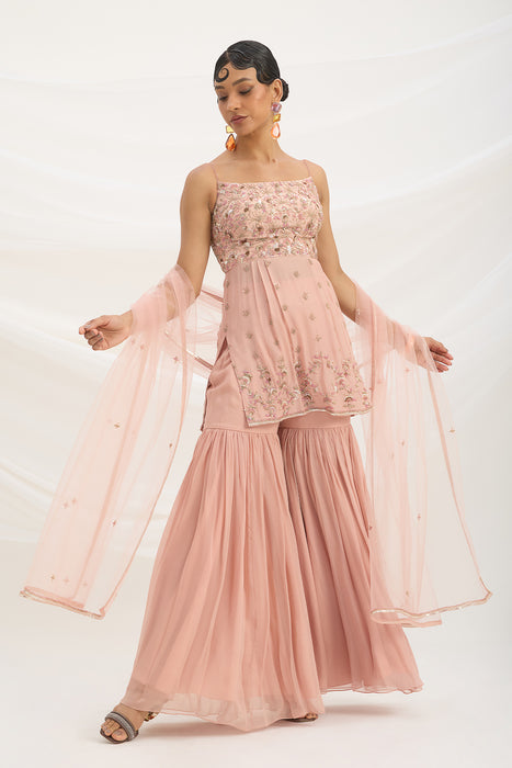 PEACH PINK SHARARA WITH EMBROIDERED TOP AND DUPATTA