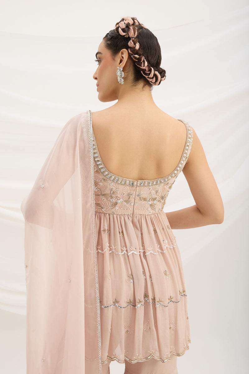 LIGHT PINK SHARARA WITH EMBROIDERED PEPLUM TOP AND DUPATTA