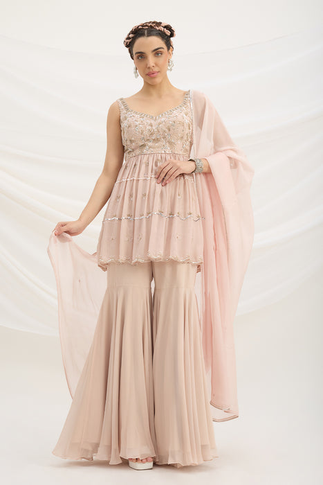 LIGHT PINK SHARARA WITH EMBROIDERED PEPLUM TOP AND DUPATTA