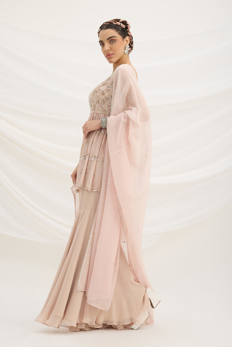 LIGHT PINK SHARARA WITH EMBROIDERED PEPLUM TOP AND DUPATTA