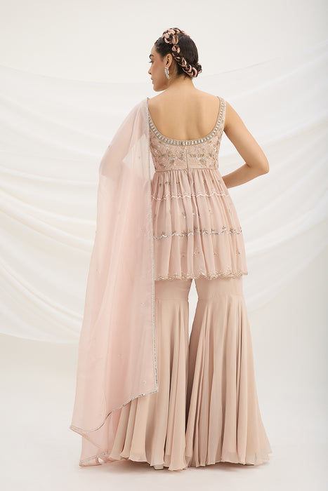LIGHT PINK SHARARA WITH EMBROIDERED PEPLUM TOP AND DUPATTA