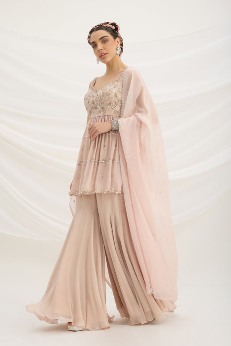 LIGHT PINK SHARARA WITH EMBROIDERED PEPLUM TOP AND DUPATTA
