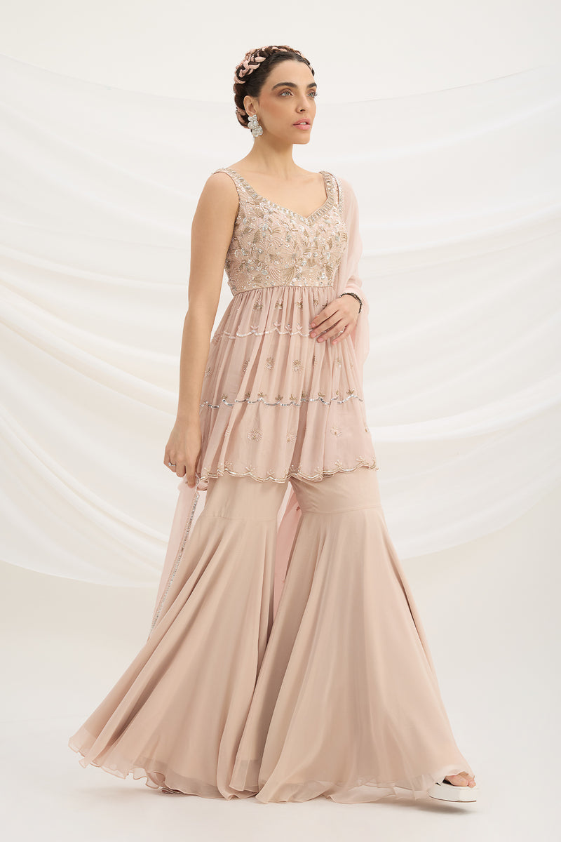 LIGHT PINK SHARARA WITH EMBROIDERED PEPLUM TOP AND DUPATTA