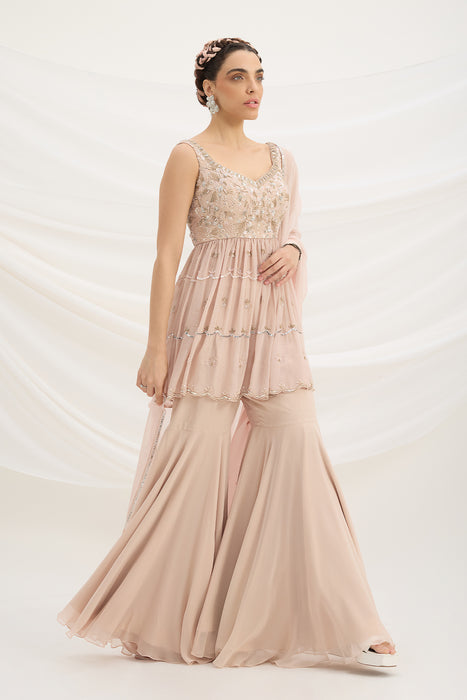 LIGHT PINK SHARARA WITH EMBROIDERED PEPLUM TOP AND DUPATTA