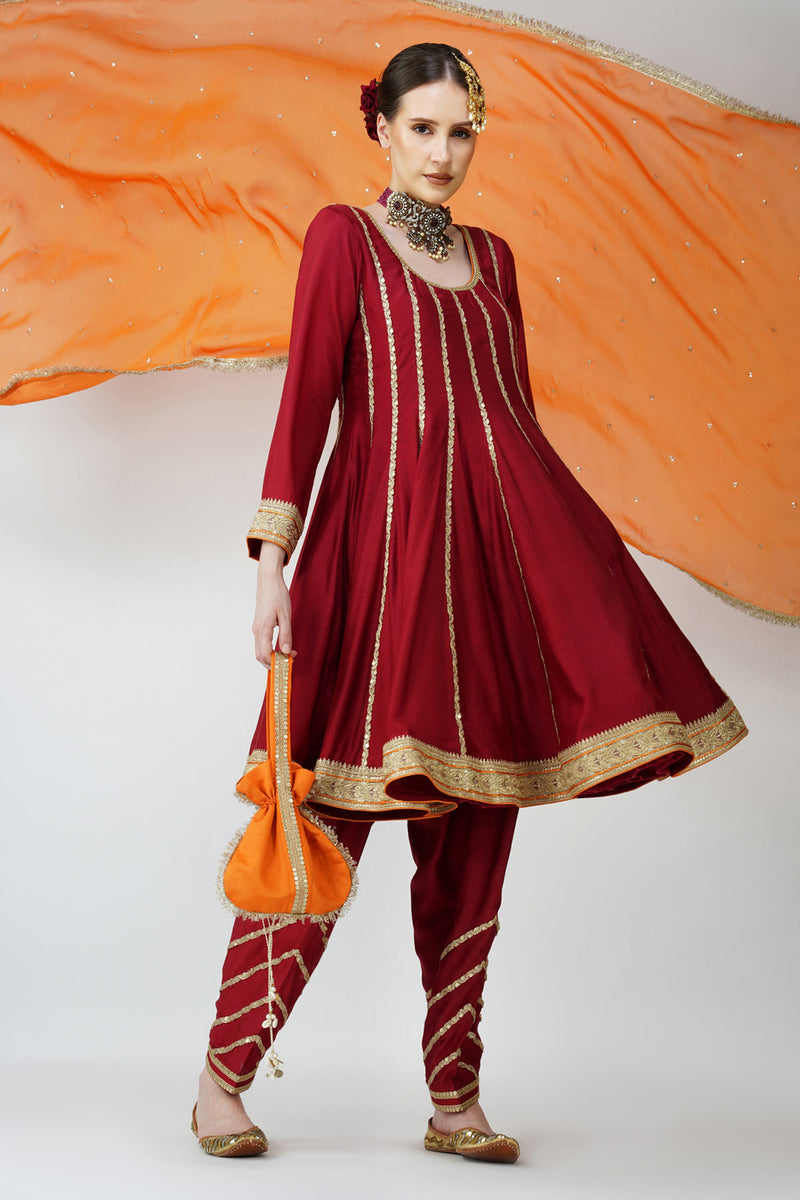 mahroon -rustic Charm Frock-Style Anarkali Suit Set