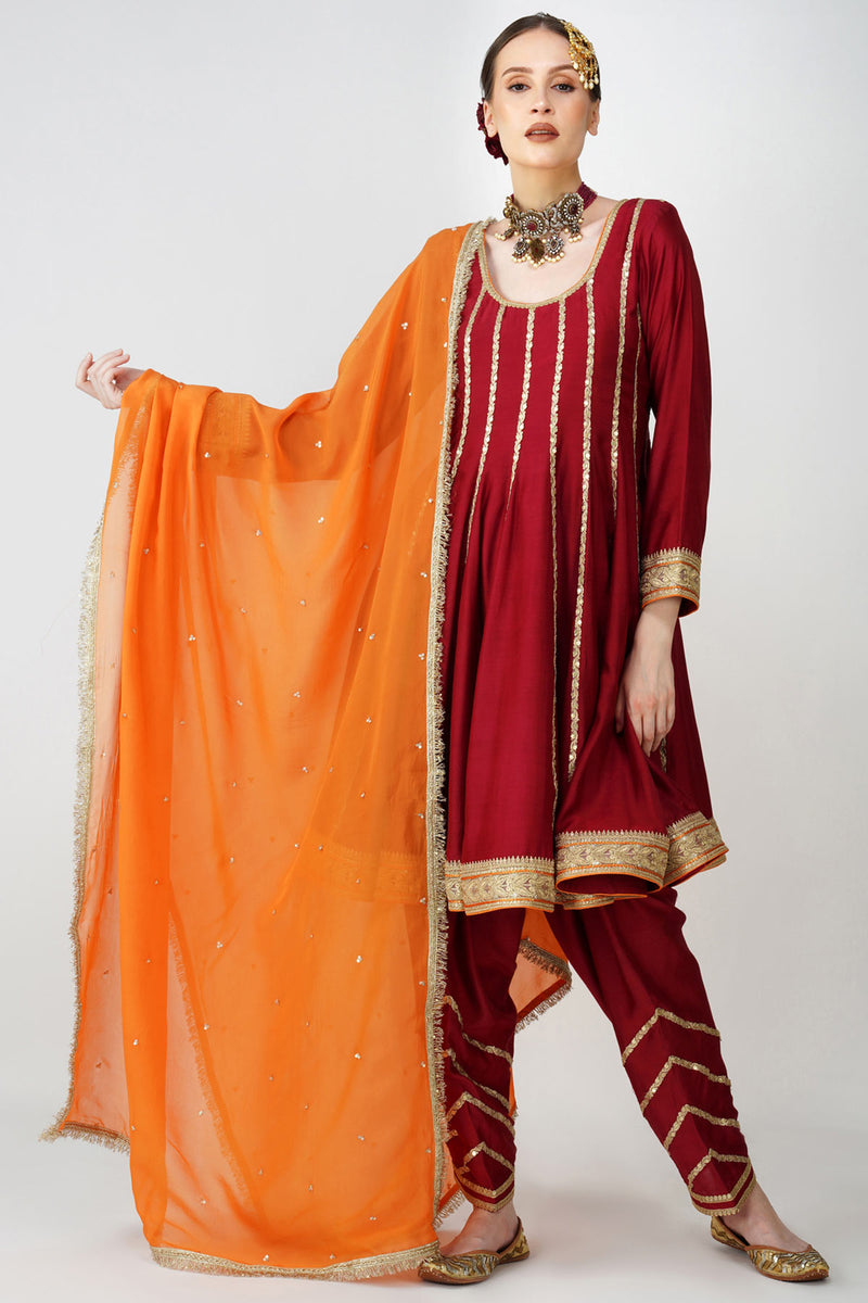 mahroon -rustic Charm Frock-Style Anarkali Suit Set