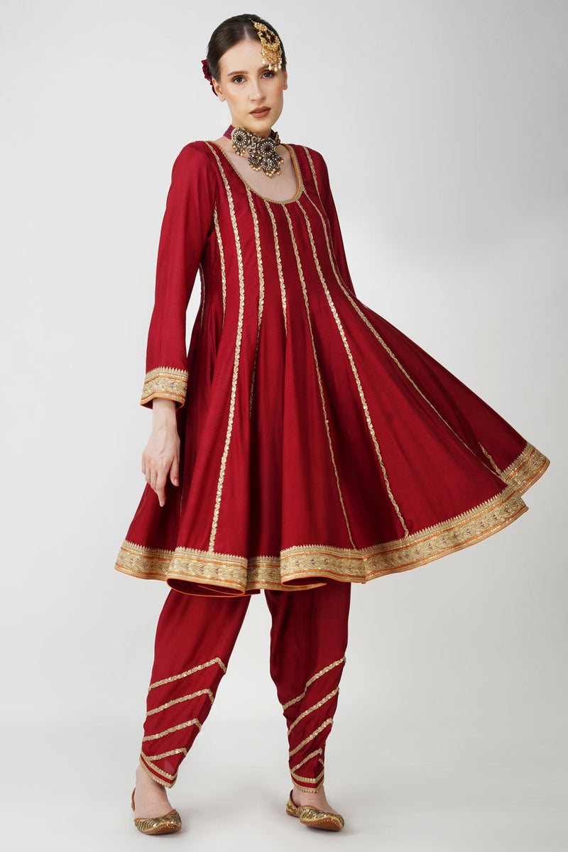 mahroon -rustic Charm Frock-Style Anarkali Suit Set