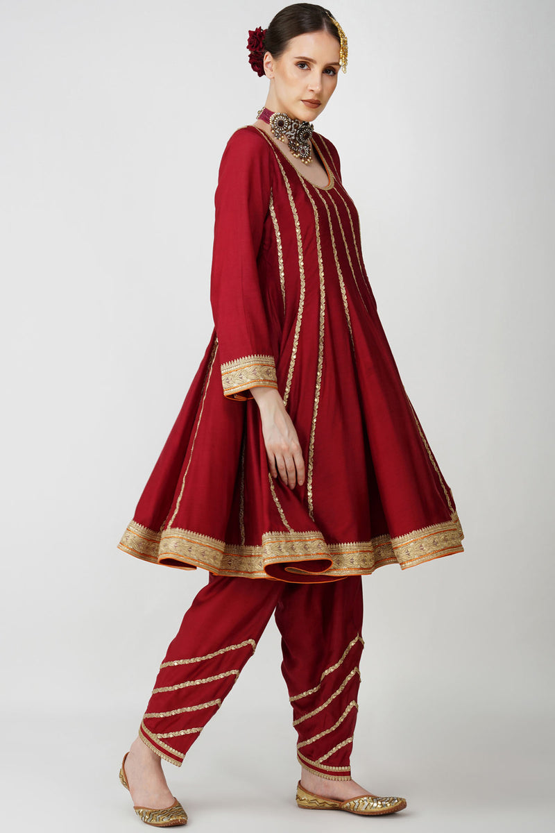mahroon -rustic Charm Frock-Style Anarkali Suit Set