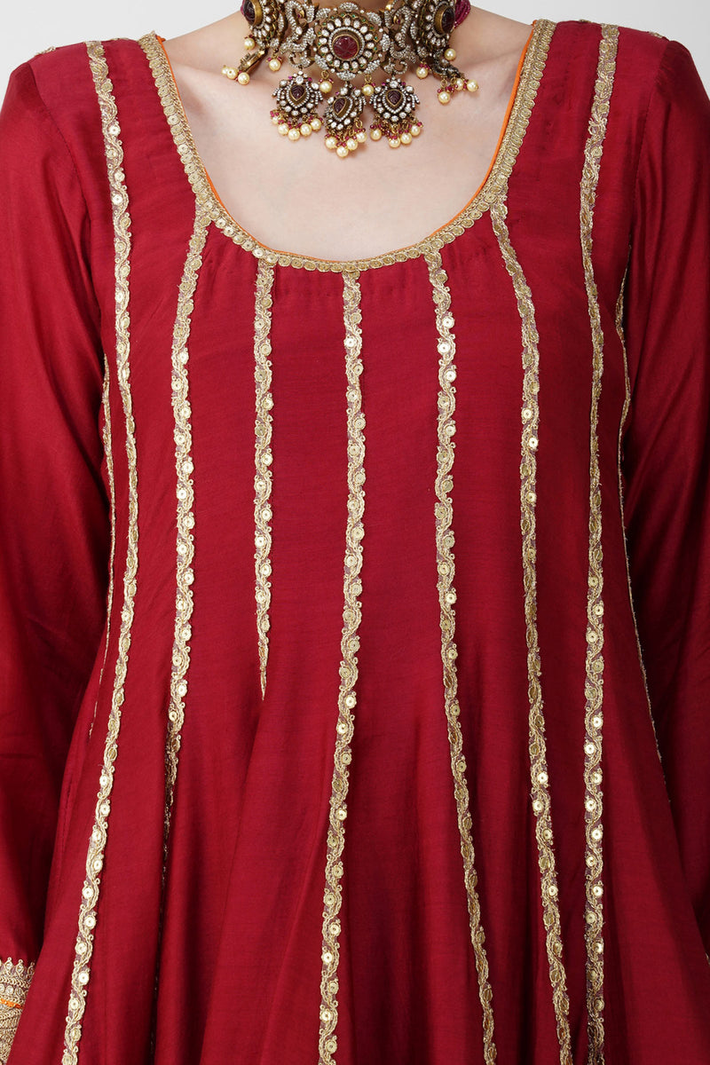 mahroon -rustic Charm Frock-Style Anarkali Suit Set