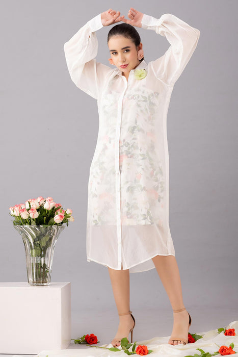 Mid length organza shirt  dress with printed inner