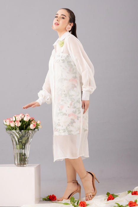 Mid length organza shirt  dress with printed inner