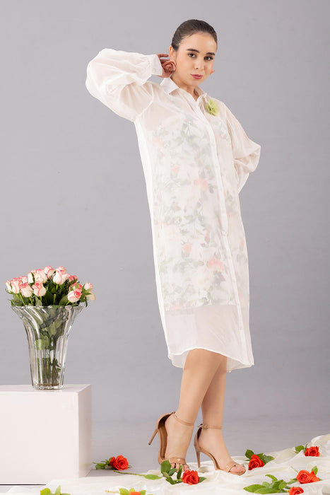 Mid length organza shirt  dress with printed inner