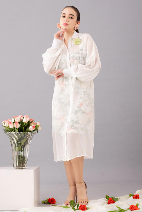 Mid length organza shirt  dress with printed inner