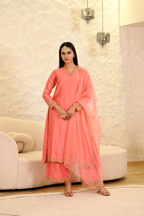 Coral Pink Hand Embroidered A-Line Kurta W/Pant & Dupatta Set