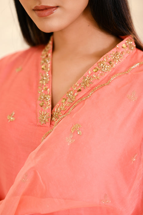 Coral Pink Hand Embroidered A-Line Kurta W/Pant & Dupatta Set