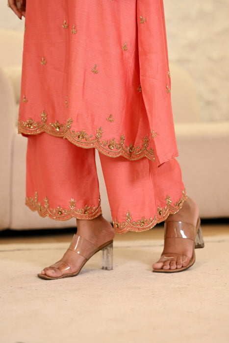 Coral Pink Hand Embroidered A-Line Kurta W/Pant & Dupatta Set