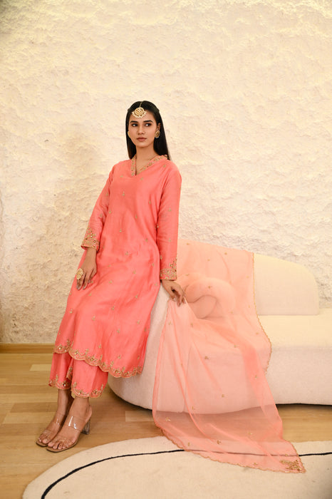 Coral Pink Hand Embroidered A-Line Kurta W/Pant & Dupatta Set
