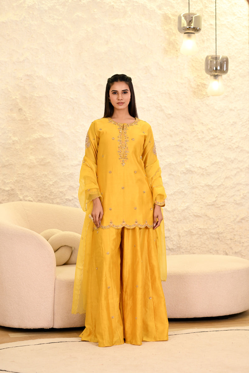 Yellow Sharara Hand Embroidered Short Kurta W/Dupatta Set