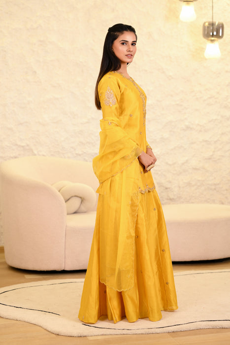 Yellow Sharara Hand Embroidered Short Kurta W/Dupatta Set