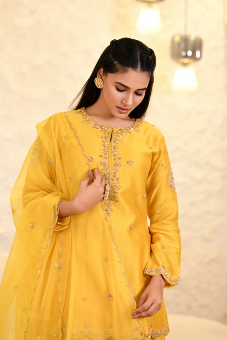 Yellow Sharara Hand Embroidered Short Kurta W/Dupatta Set