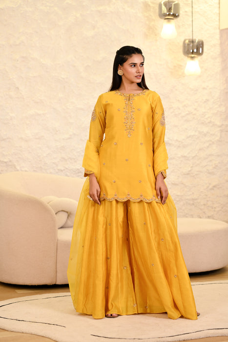 Yellow Sharara Hand Embroidered Short Kurta W/Dupatta Set