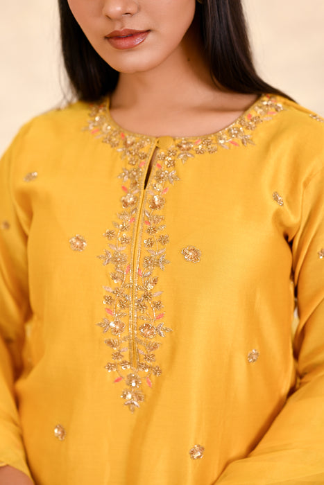 Yellow Sharara Hand Embroidered Short Kurta W/Dupatta Set