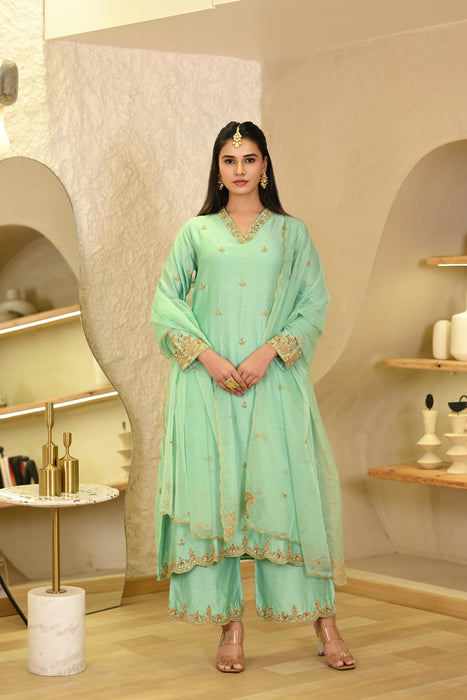 Aqua Blue Embroidered A-Line Kurta W/Pant & Dupatta Set of 3