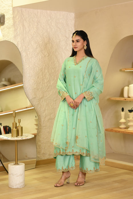 Aqua Blue Embroidered A-Line Kurta W/Pant & Dupatta Set of 3
