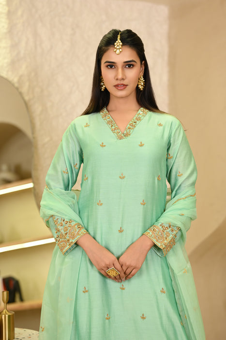 Aqua Blue Embroidered A-Line Kurta W/Pant & Dupatta Set of 3