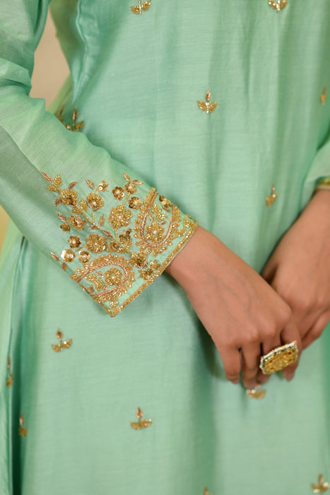 Aqua Blue Embroidered A-Line Kurta W/Pant & Dupatta Set of 3