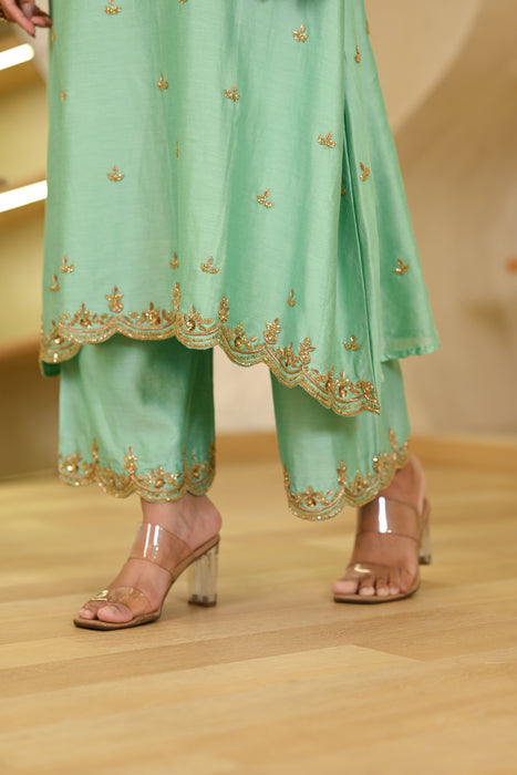 Aqua Blue Embroidered A-Line Kurta W/Pant & Dupatta Set of 3